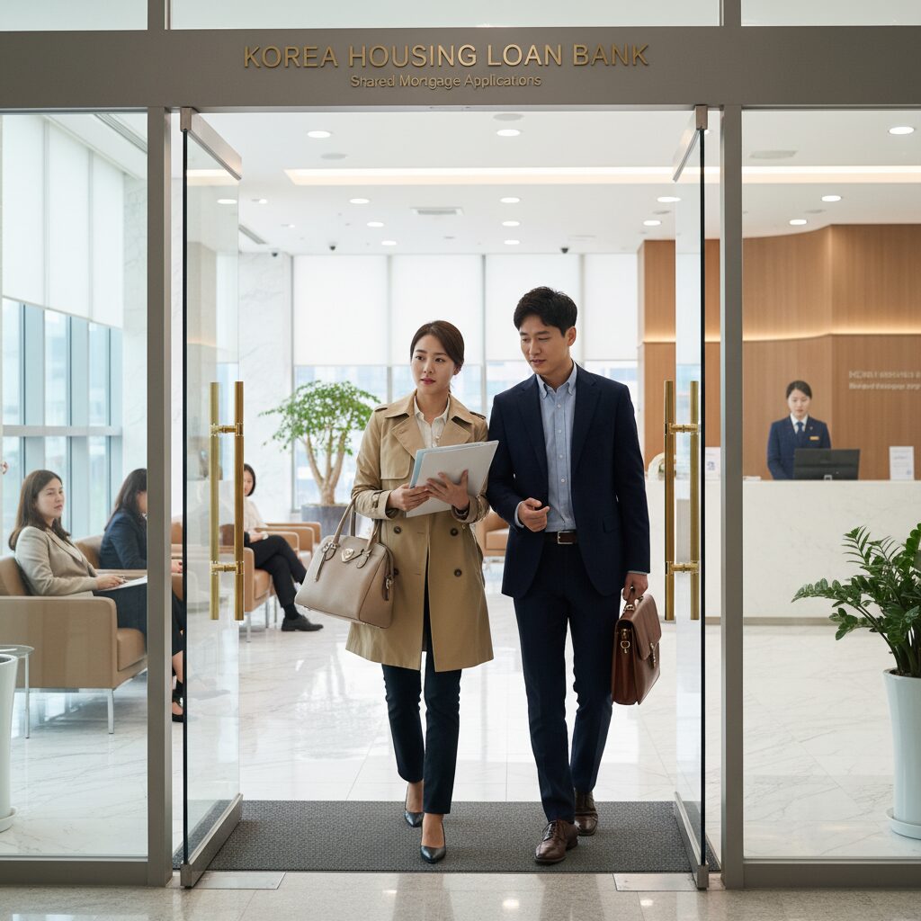 공유형모기지 융자 신청을 위해 은행을 방문하는 모습