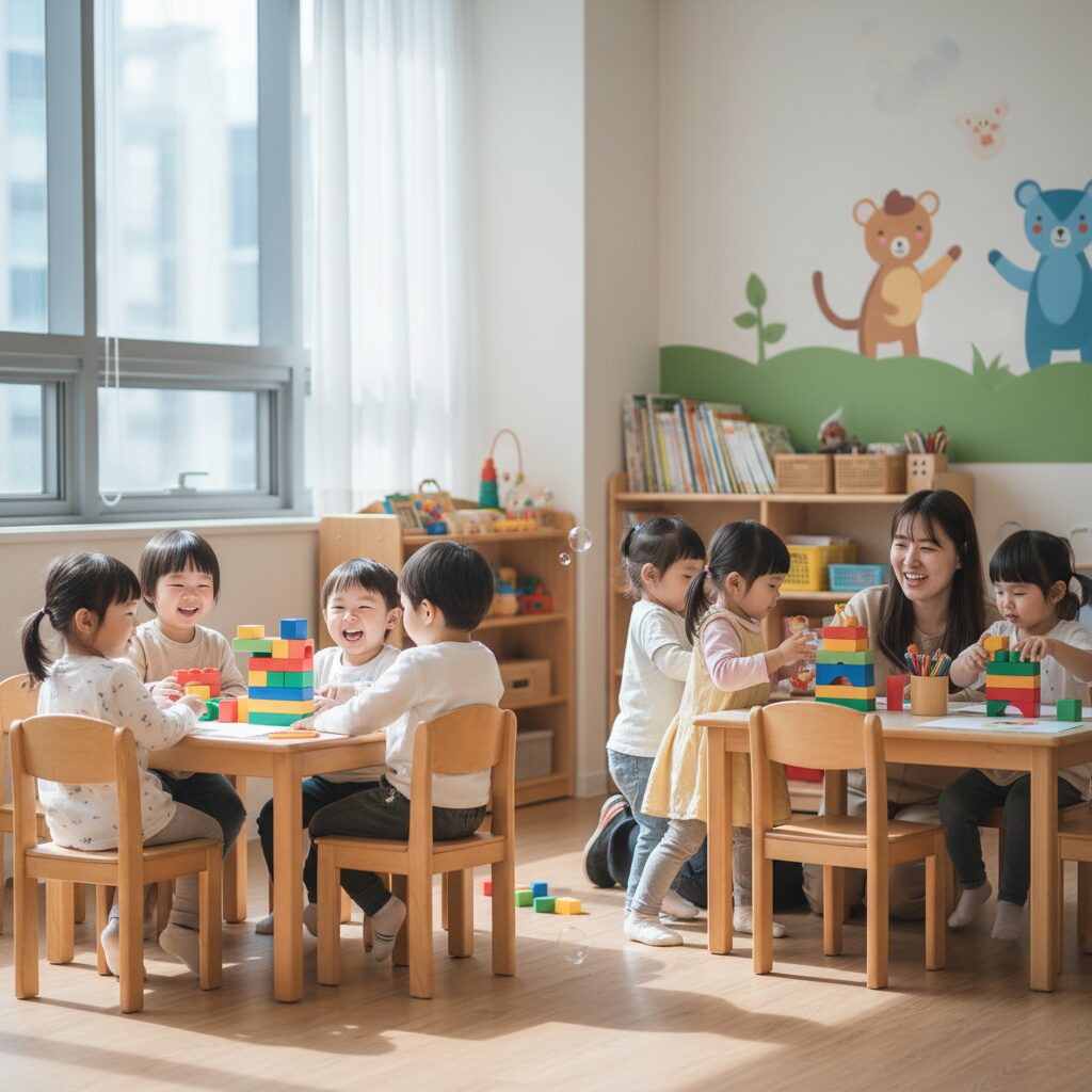 만 3세부터 5세까지 유아들이 유치원에서 행복하게 놀고 있는 모습