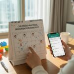 12세 이하 어린이 필수 예방접종 국가 지원 안내 12세 이하 어린이 국가예방접종 일정표가 담긴 캘린더와 예방접종 도우미 앱 화면