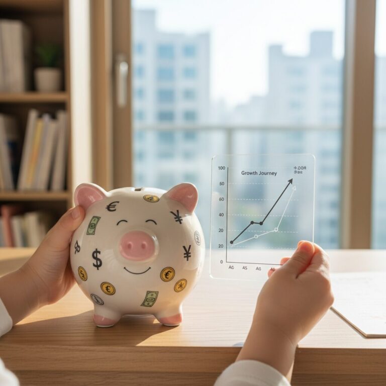 아이의 손에 돈이 그려진 저금통과 성장 그래프가 함께 있는 이미지