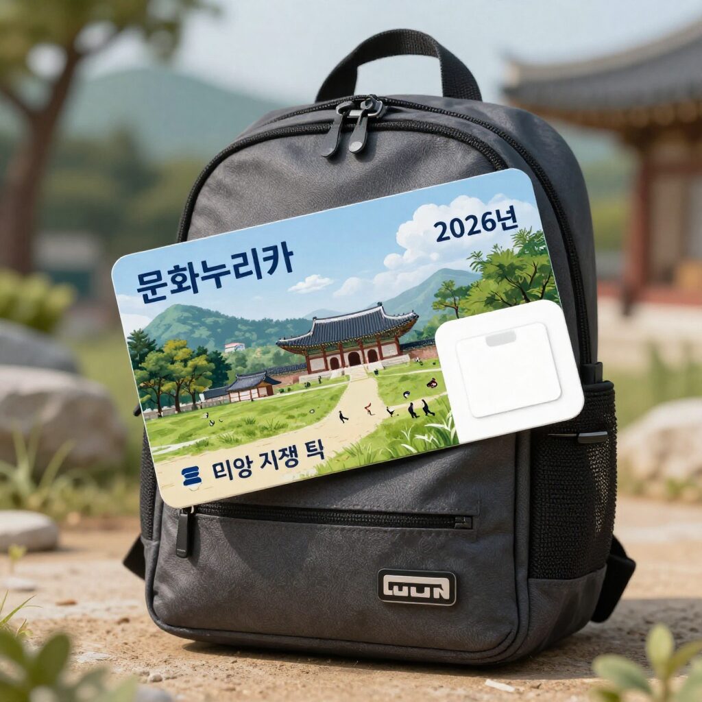 2026년 문화누리카드 디자인과 함께 책, 영화 티켓, 여행 가방이 놓여 있는 이미지