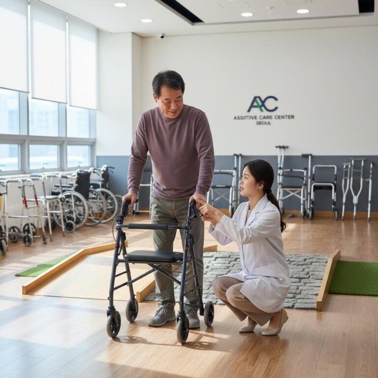 지역 보조기기센터에서 전문 상담사와 함께 보행 보조기기를 체험하고 있는 모습