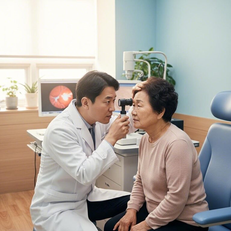 의사가 노인 환자의 안저검사를 진행하는 모습