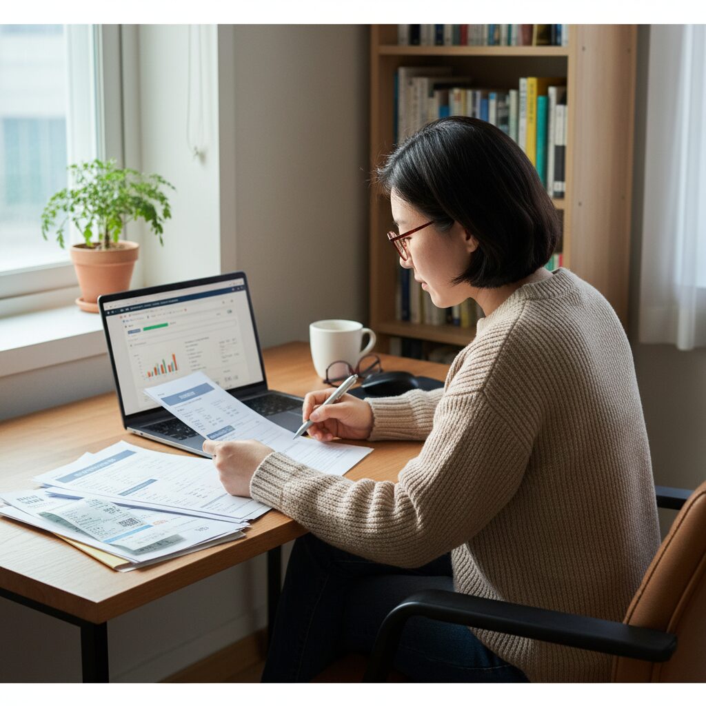 에너지바우처를 신청하는 사람이 컴퓨터와 서류를 보고 있는 모습
