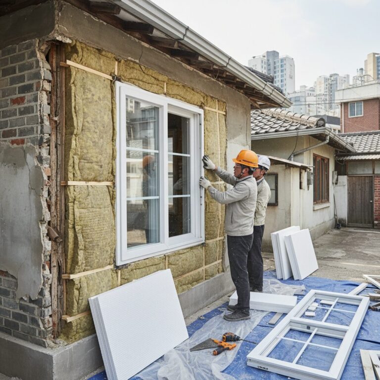 노후 주택의 낡은 창문이 새 창호로 교체되고 단열재를 보강하는 에너지 효율 개선 공사 현장