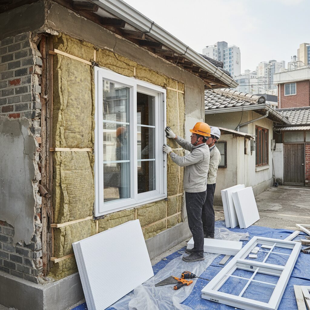 노후 주택의 낡은 창문이 새 창호로 교체되고 단열재를 보강하는 에너지 효율 개선 공사 현장