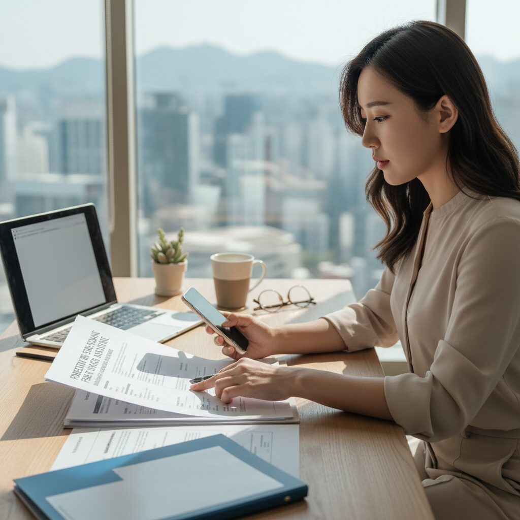 산림서비스도우미 일자리 지원 서류를 책상에 올려놓고 확인하는 모습