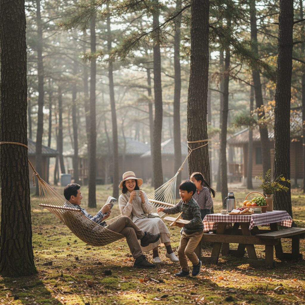 가족이 함께 숲속 자연휴양림에서 휴식을 취하는 모습