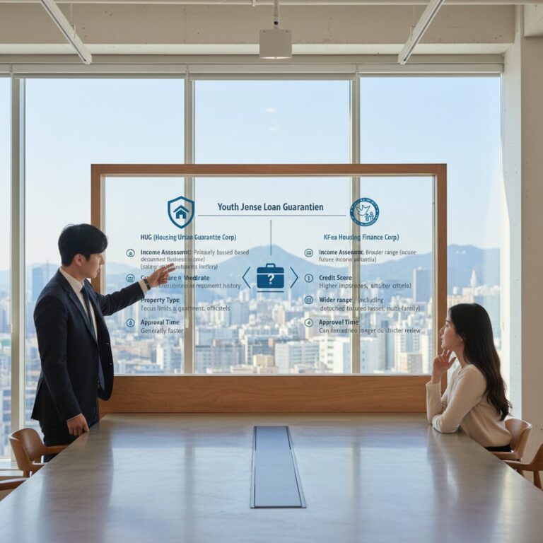 청년 버팀목 전세대출 보증기관 HUG와 HF의 심사 기준 차이를 보여주는 인포그래픽