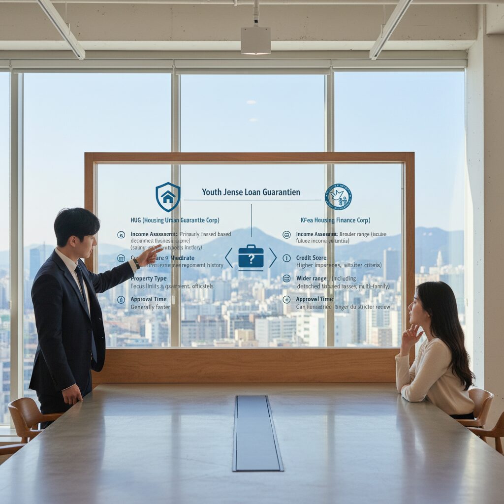 청년 버팀목 전세대출 보증기관 HUG와 HF의 심사 기준 차이를 보여주는 인포그래픽