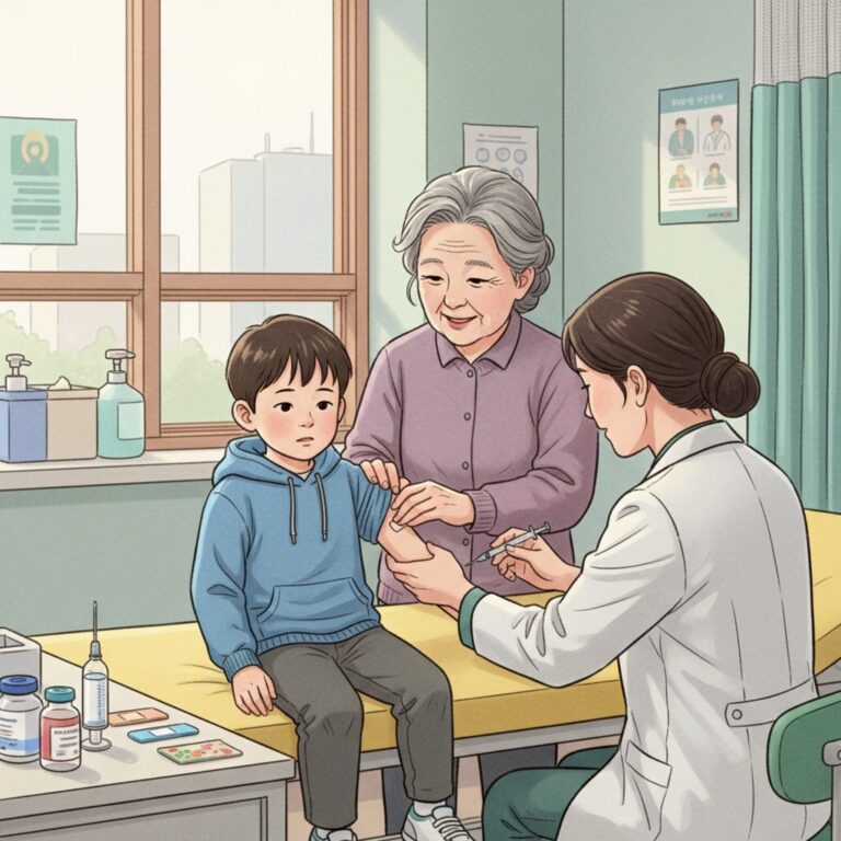 독감 예방접종을 맞는 어린이와 어르신의 모습을 담은 일러스트 이미지