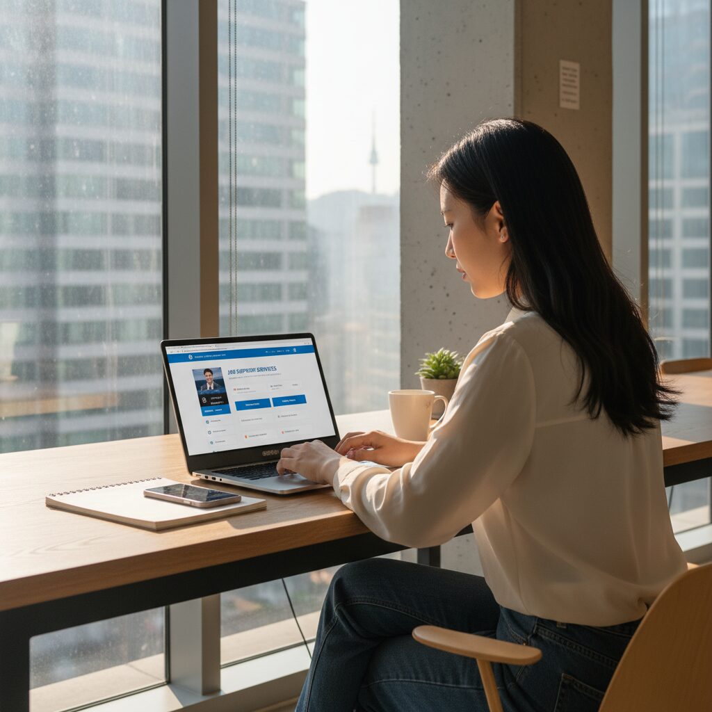 구직자가 노트북으로 취업지원 서비스 정보를 검색하는 모습