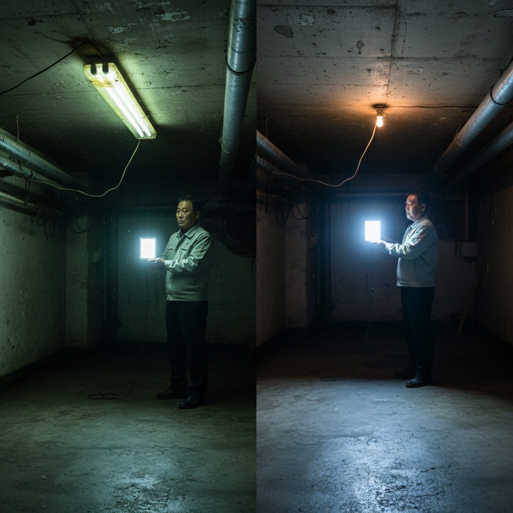 어두운 방에 설치된 오래된 형광등 옆에 밝은 LED 조명이 비교되어 보이는 이미지