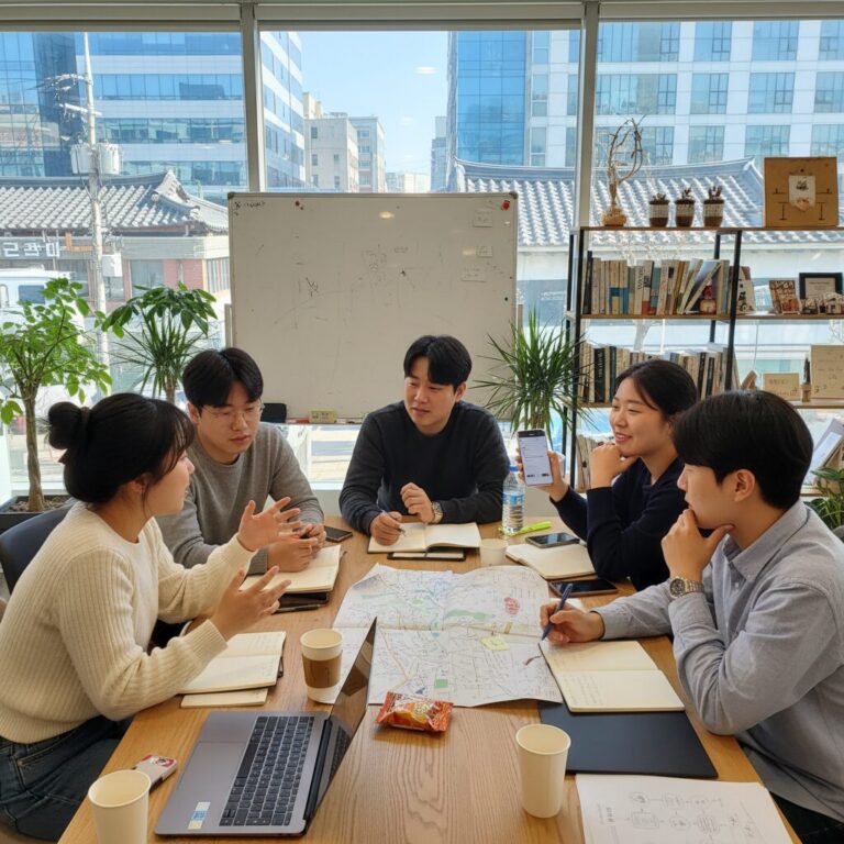 청년들이 함께 모여 지역사회 서비스 프로젝트를 회의하는 모습