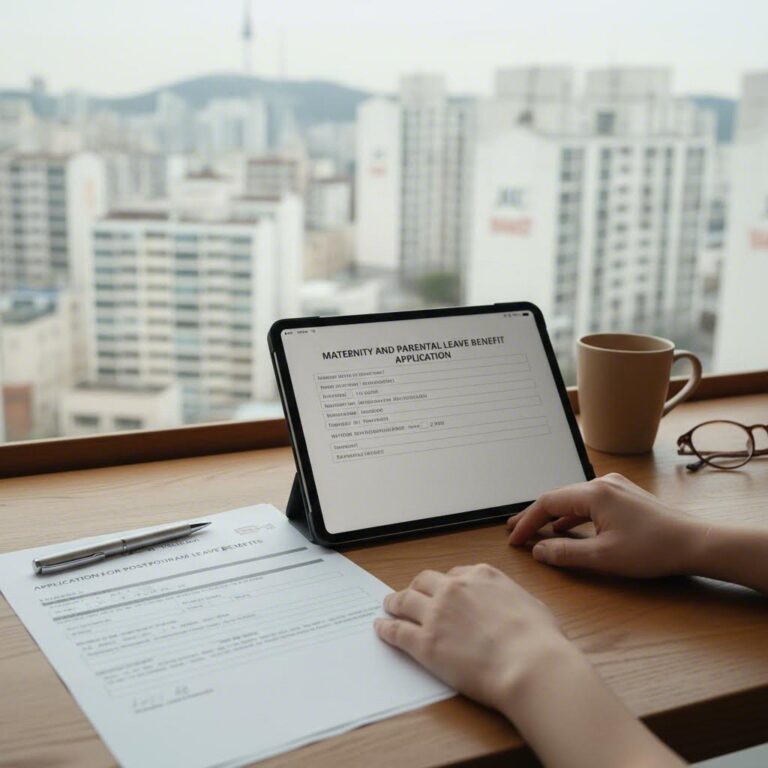 출산전후휴가 급여 신청을 나타내는 문서와 태블릿 이미지