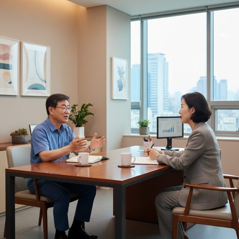 중장년내일센터에서 전문 컨설턴트와 1대1 상담을 진행하는 모습