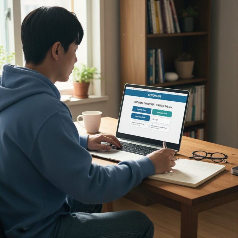 국민취업지원제도 신청을 위해 노트북으로 고용24 홈페이지를 확인하는 모습