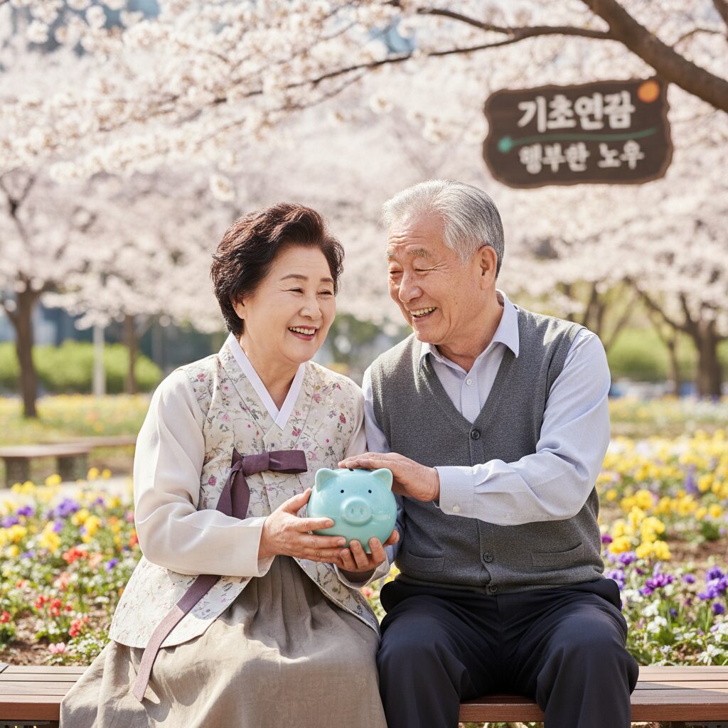 손에 저금통을 들고 미소 짓는 노부부, 기초연금이 노후 안정을 의미하는 이미지