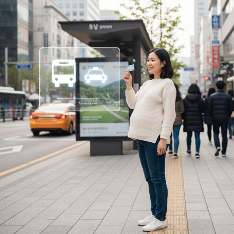 임산부 교통비 지원을 나타내는 이미지로 임산부가 카드를 들고 버스와 택시 아이콘을 바라보는 그림
