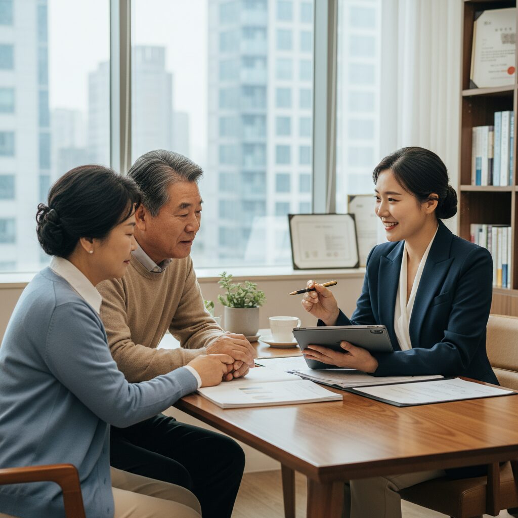 노후준비서비스 상담실에서 전문 상담사와 이야기하는 모습