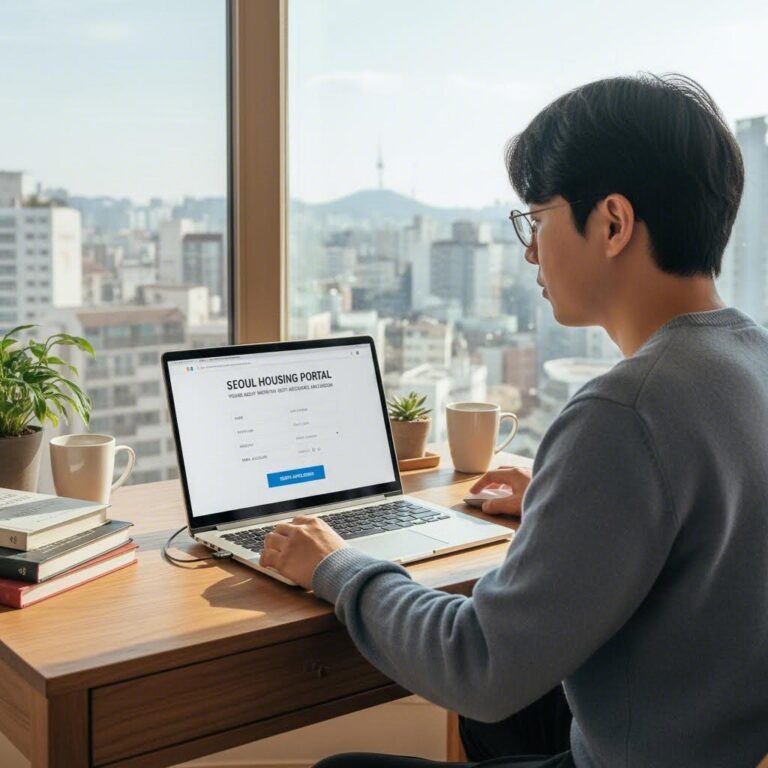 노트북으로 서울주거포털 청년 월세 지원 신청 페이지를 보는 모습