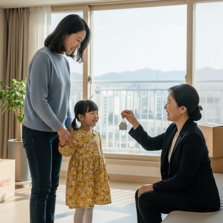 한부모가족이 아이와 함께 집 열쇠를 받는 모습을 상징하는 그림