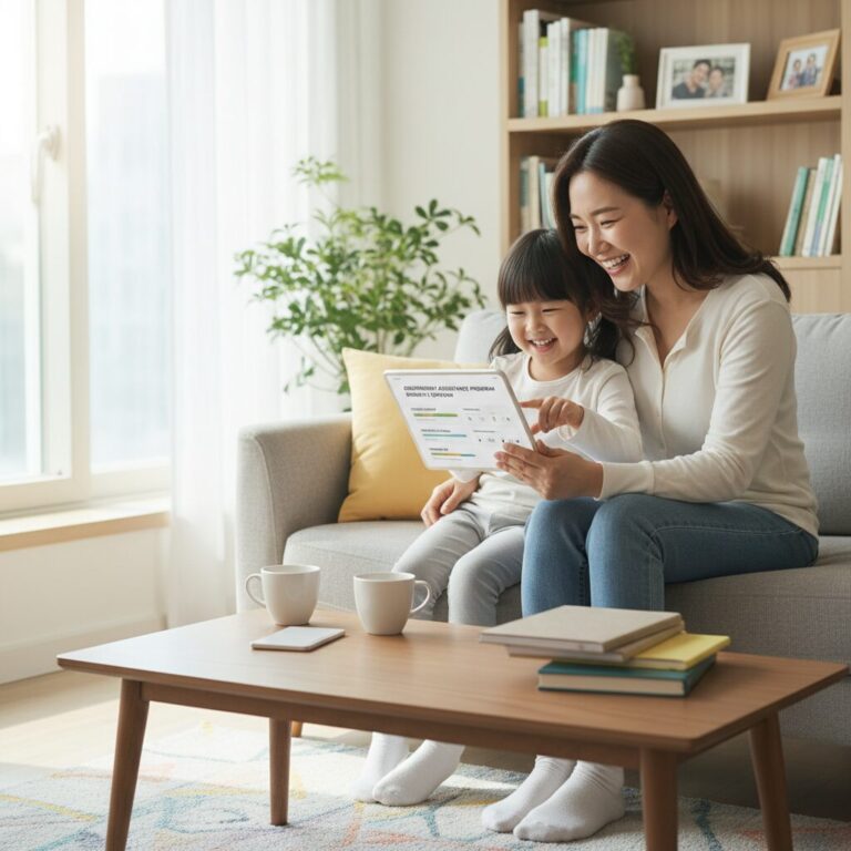 한부모가족이 아이와 함께 미소 지으며 정부 지원 혜택을 확인하는 모습