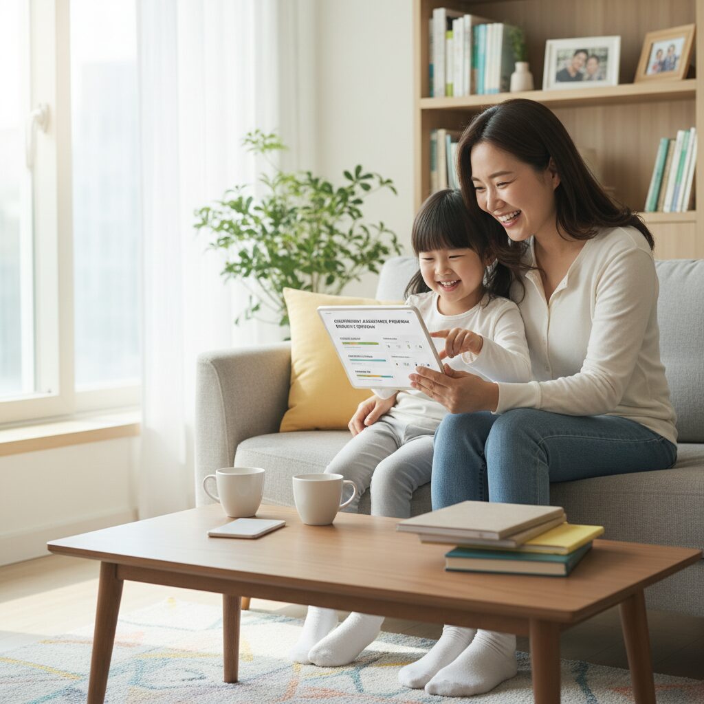 한부모가족이 아이와 함께 미소 지으며 정부 지원 혜택을 확인하는 모습