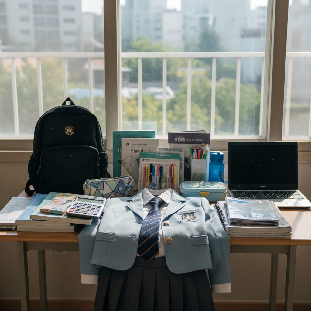 입학준비금으로 구매 가능한 학용품과 교복이 놓인 책상