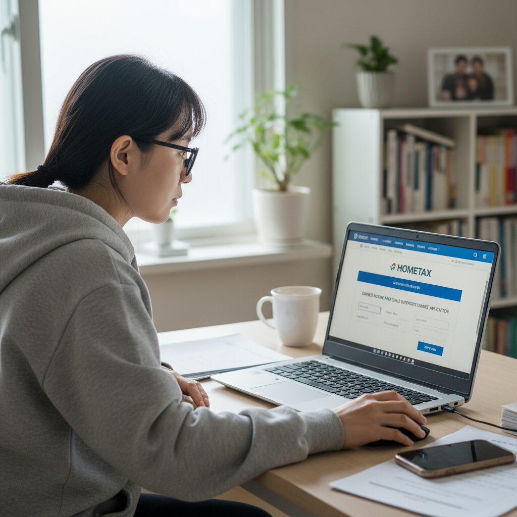 국세청 홈택스에서 근로자녀장려금 신청 화면을 확인하는 모습