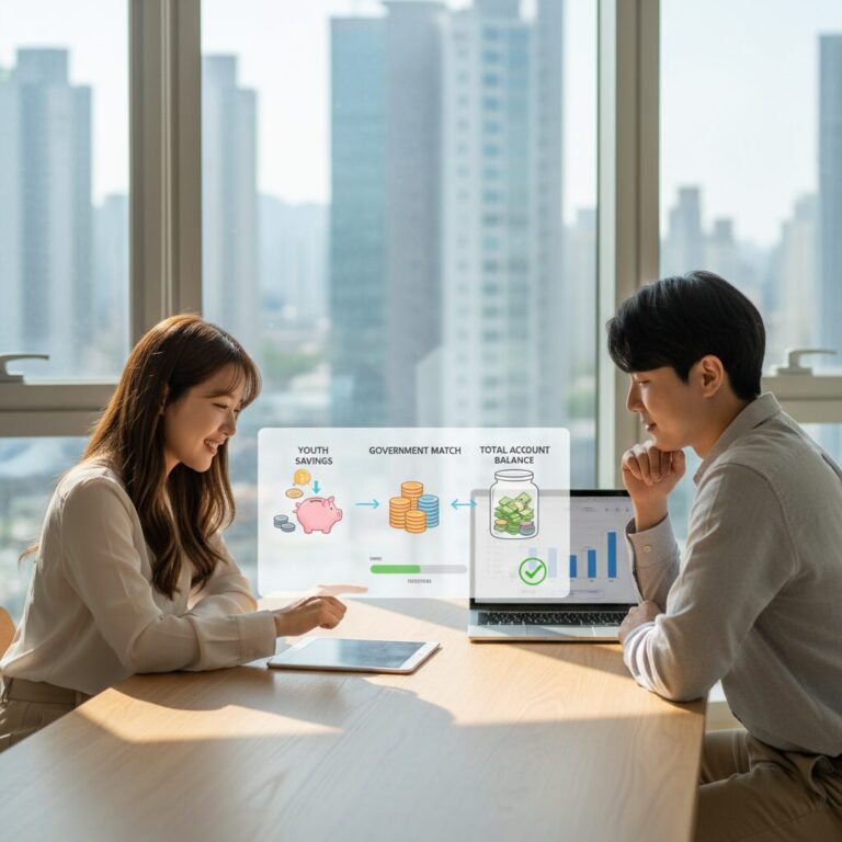 청년내일저축계좌로 지급되는 정부 매칭 지원금 개념을 설명하는 그래픽
