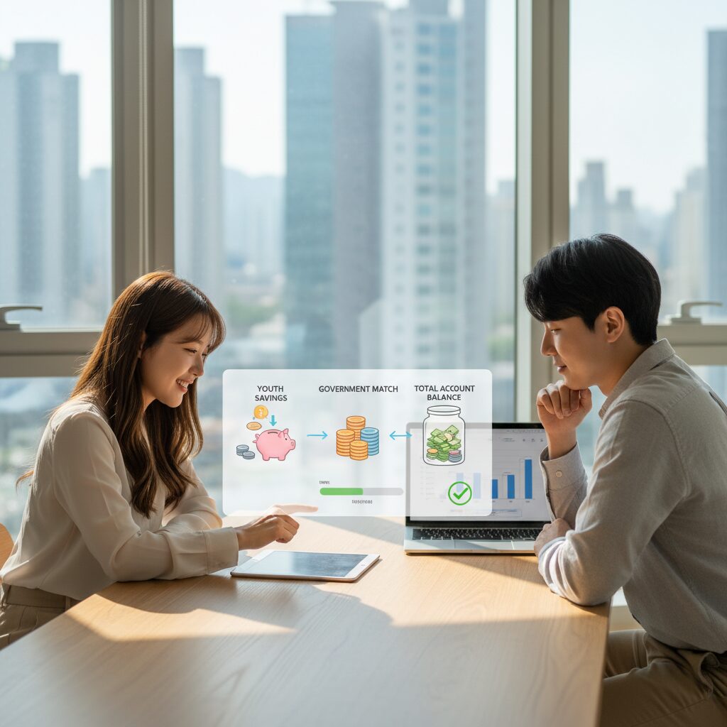 청년내일저축계좌 신청 자격과 혜택 안내 청년내일저축계좌로 지급되는 정부 매칭 지원금 개념을 설명하는 그래픽