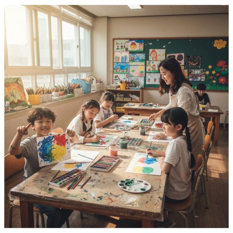 초등학생들이 학교에서 방과후 미술 수업을 즐겁게 받고 있는 모습