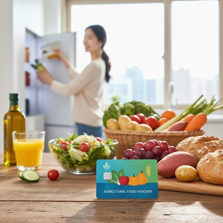 농식품바우처 카드 이미지. 건강한 식재료 그림과 함께 카드가 놓여 있다.