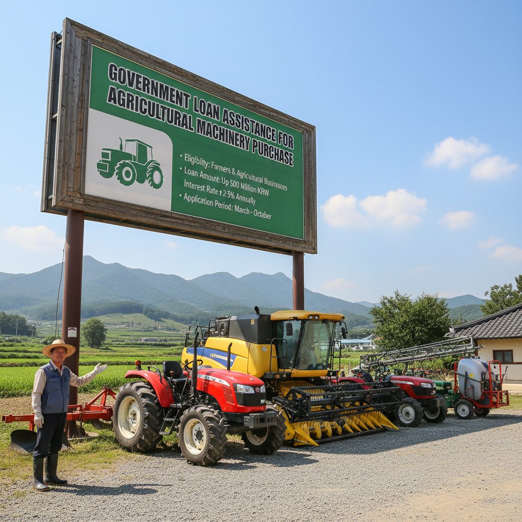 농기계 구매를 위한 정부 융자 지원 안내판과 농기계 이미지
