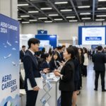 항공산업 취업박람회에서 구직자와 기업 담당자가 대화를 나누는 모습