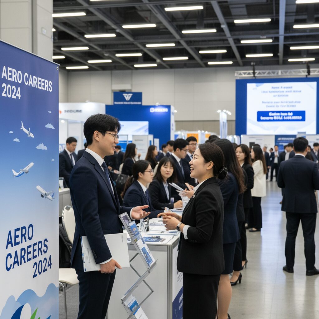 항공산업 취업박람회에서 구직자와 기업 담당자가 대화를 나누는 모습
