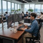 사무실에서 보조공학기기를 사용하며 업무를 보는 장애인 근로자의 모습