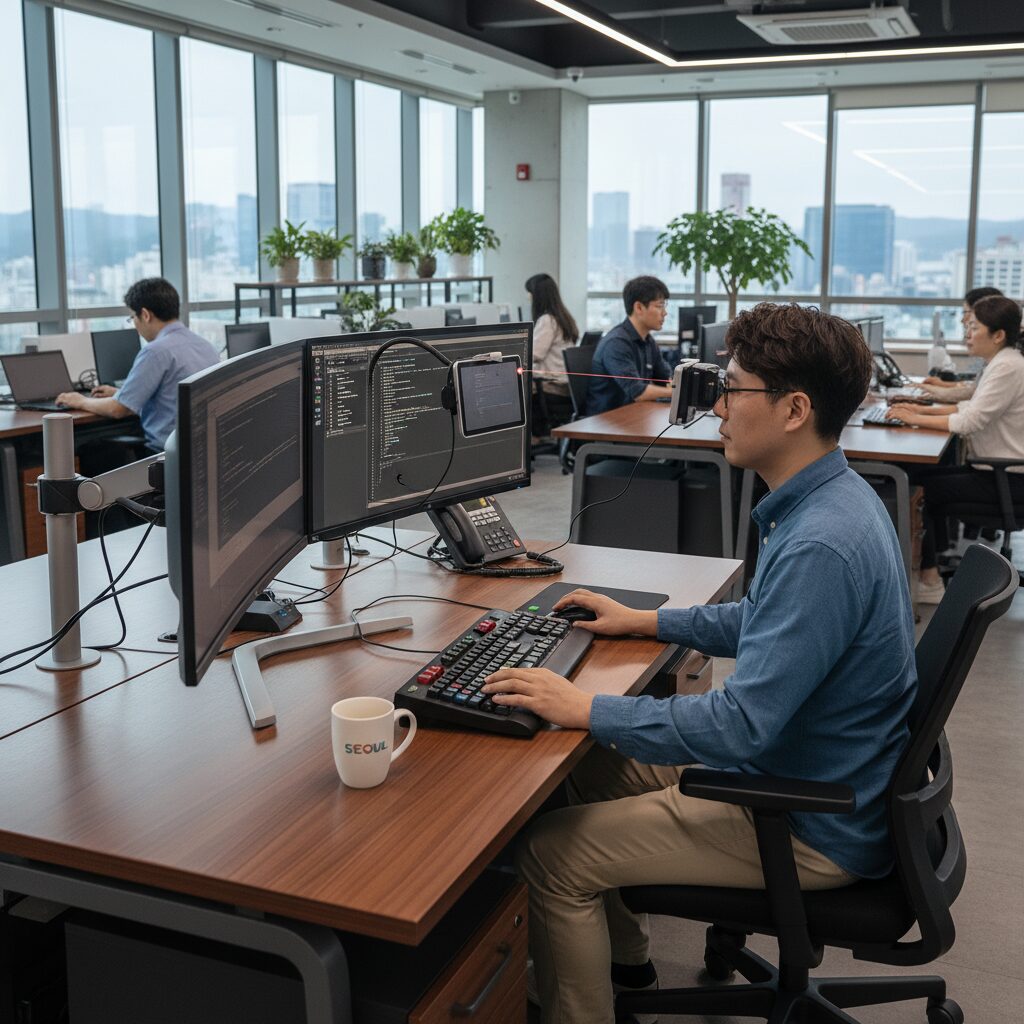 사무실에서 보조공학기기를 사용하며 업무를 보는 장애인 근로자의 모습