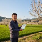 2026년 기본형 공익직불금 신청 일정과 방법을 설명하는 농장과 태블릿 이미지