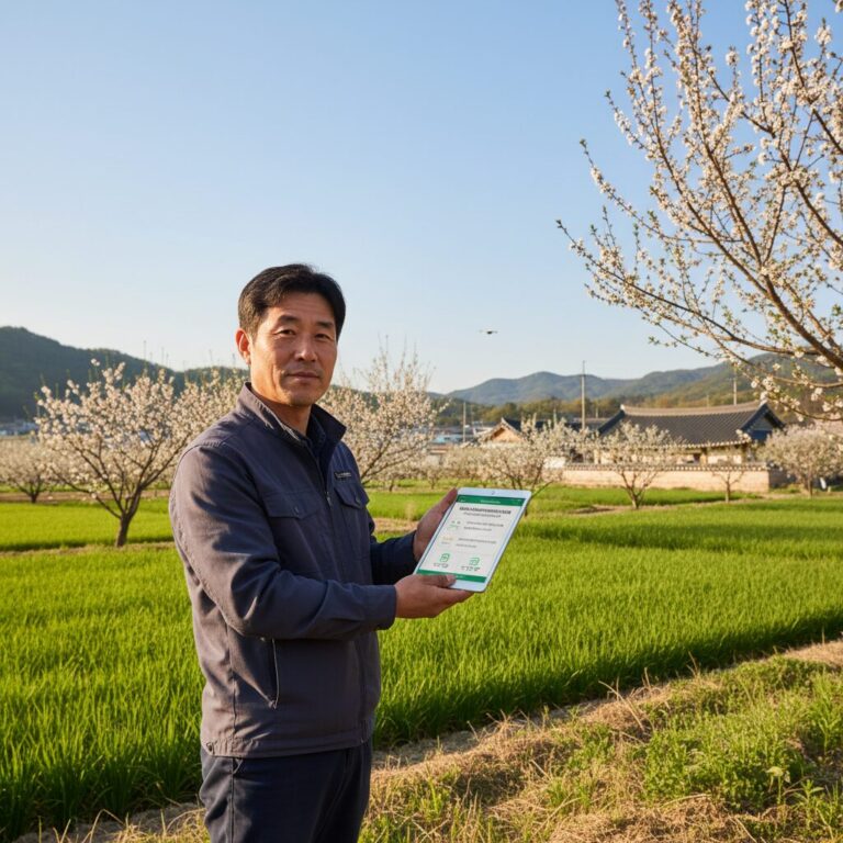 2026년 기본형 공익직불금 신청 일정과 방법을 설명하는 농장과 태블릿 이미지