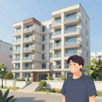 부산광역시 공공임대주택 외관과 청년이 미소 지으며 있는 일러스트