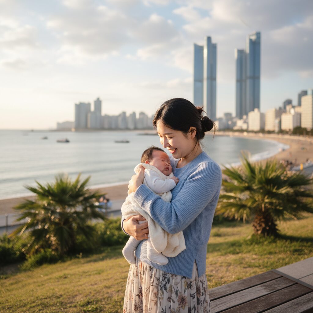 부산에서 아기를 안고 행복하게 미소 짓는 산모의 모습