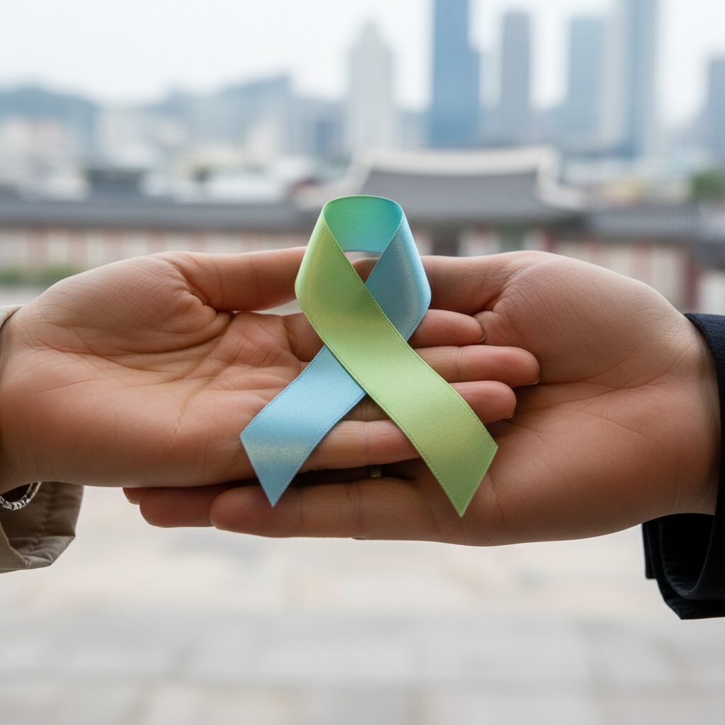 암 환자 의료비 지원을 상징하는 손길과 리본 이미지