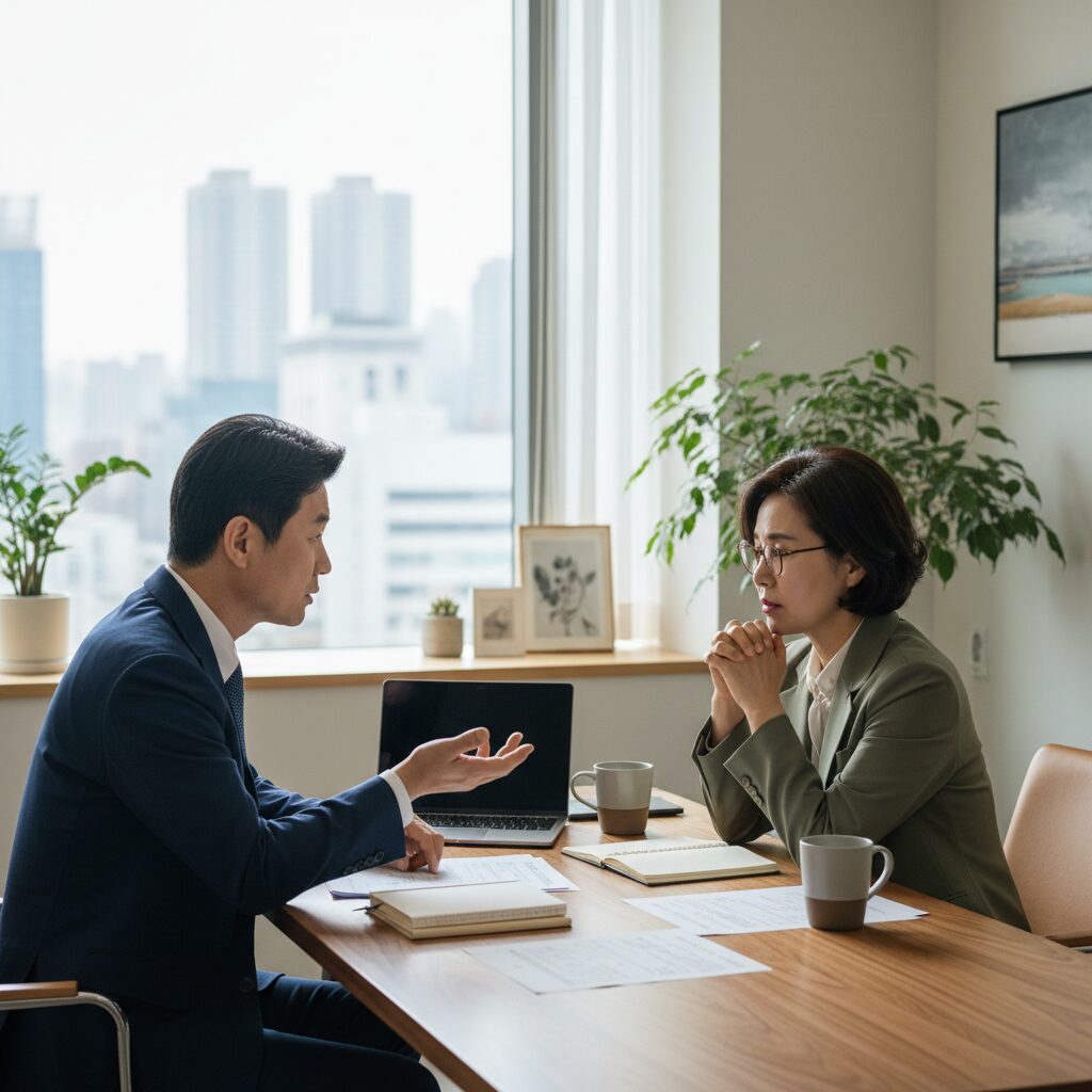 전문 컨설턴트와 중장년이 진지하게 경력 상담을 나누고 있는 모습