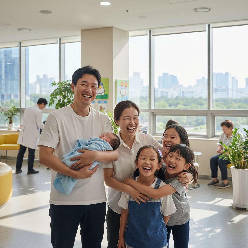 다자녀 가정 부모와 아이들이 병원에서 웃고 있는 모습