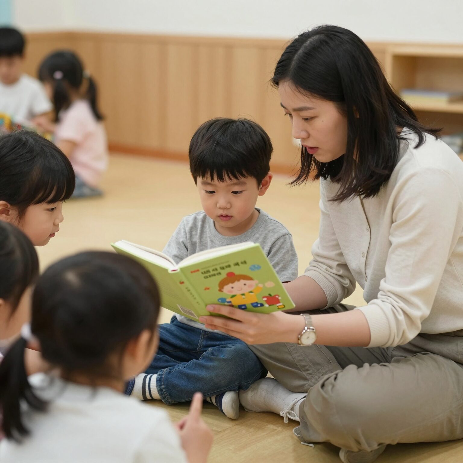 어린이집에서 아이와 교사가 함께 책을 보고 있는 모습. 연장 보육료 지원으로 안전한 보육 환경이 조성됨을 상징