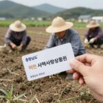 충청남도 농어민이 논밭에서 일하는 모습과 지역사랑상품권 카드