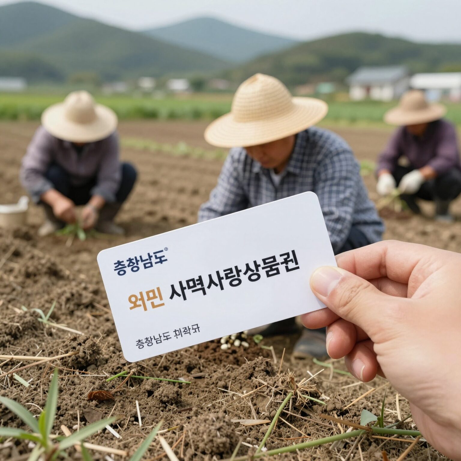 충청남도 농어민이 논밭에서 일하는 모습과 지역사랑상품권 카드