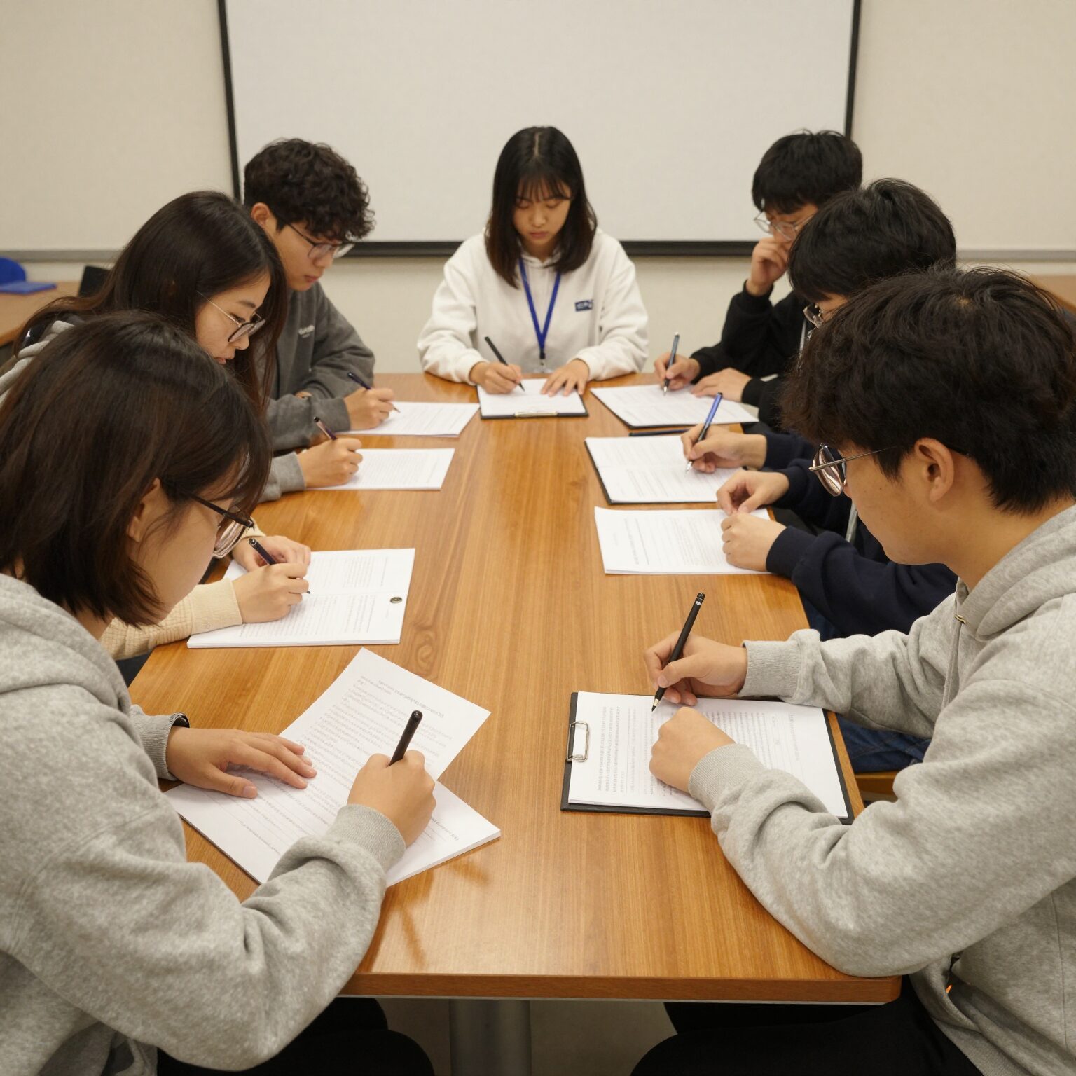 대학생 재능봉사 캠프 팀원들이 모여 프로그램 계획서를 작성하고 회의하는 모습